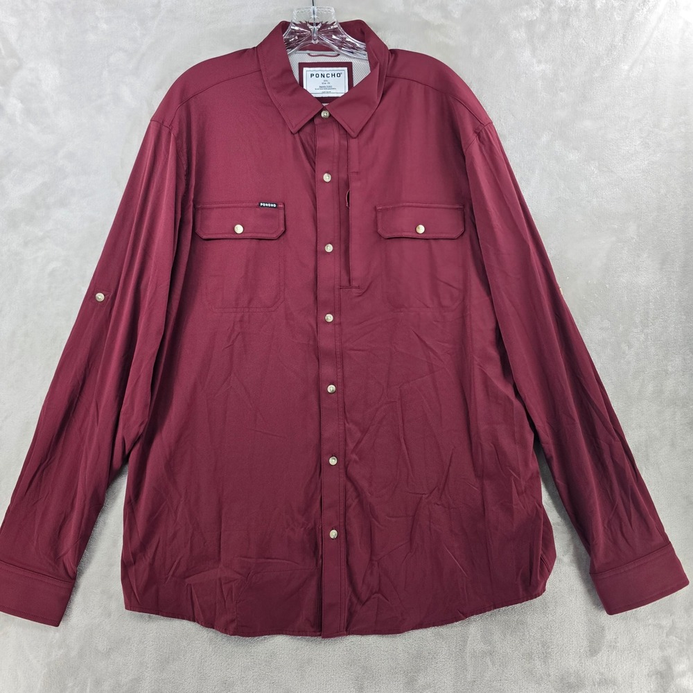 Poncho Outdoor Shirt Men XXL Maroon Slim Fit Magnetic Pockets Long Sleeve Flaw*